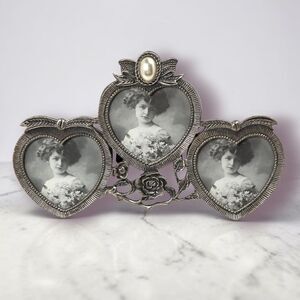 Vintage Pewter Triple Heart Picture Frame Rose Pearl Accent Victorian Romantic